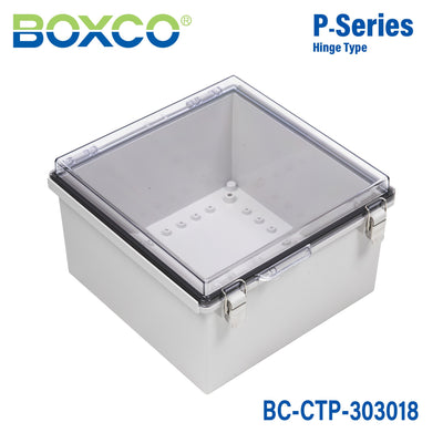 Boxco P-Series 11.81 x 11.81 x 7.09 Inches(300 x 300 x 180mm) Plastic Enclosure, IP67, IK08, PC, Transparent Cover, Molded Hinge and Latch Type