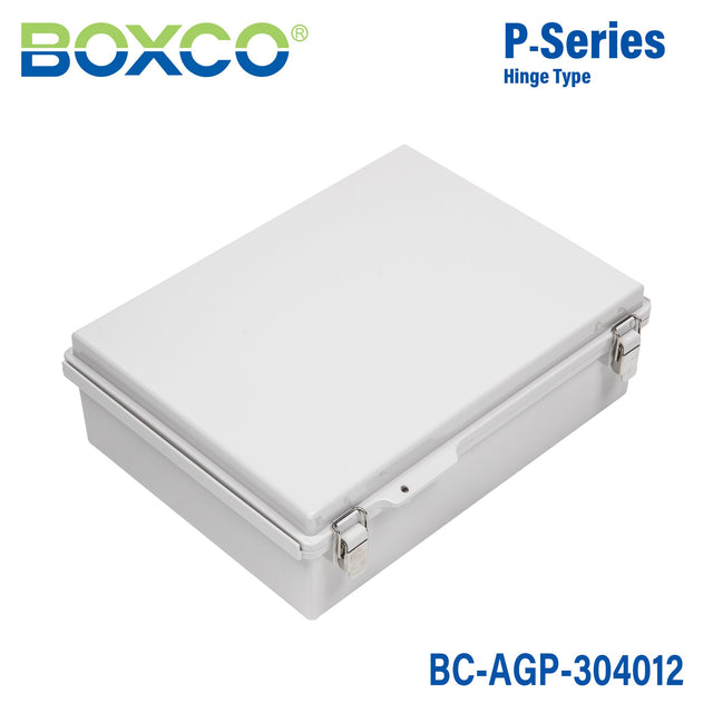 Boxco P - Series 11.81 x 15.75 x 4.72 Inches(300 x 400 x 120mm) Plastic Enclosure, IP67, IK08, ABS, Grey Cover, Molded Hinge and Latch Type - BC-AGP-304012 - powersupplymall.com