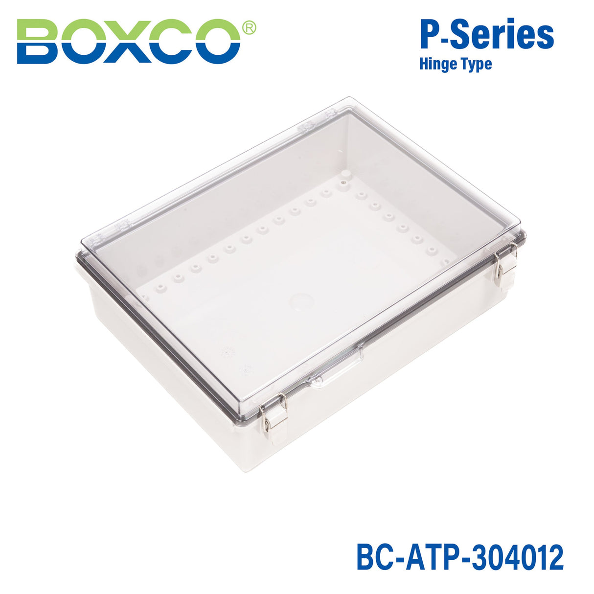 Boxco P - Series 11.81 x 15.75 x 4.72 Inches(300 x 400 x 120mm) Plastic Enclosure, IP67, IK08, ABS, Transparent Cover, Molded Hinge and Latch Type - BC-ATP-304012 - powersupplymall.com