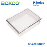 Boxco P - Series 11.81 x 15.75 x 4.72 Inches(300 x 400 x 120mm) Plastic Enclosure, IP67, IK08, ABS, Transparent Cover, Molded Hinge and Latch Type - BC-ATP-304012 - powersupplymall.com