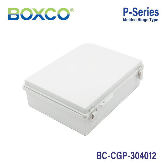 Boxco P - Series 11.81 x 15.75 x 4.72 Inches(300 x 400 x 120mm) Plastic Enclosure, IP67, IK08, PC, Grey Cover, Molded Hinge and Latch Type - BC-CGP-304012 - powersupplymall.com