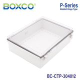 Boxco P - Series 11.81 x 15.75 x 4.72 inches(300 x 400 x 120mm) Plastic Enclosure, IP67, IK08, PC, Transparent Cover, Molded Hinge and Latch Type - BC-CTP-304012 - powersupplymall.com