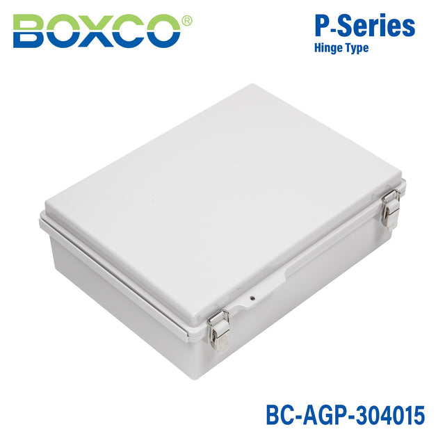 Boxco P - Series 11.81 x 15.75 x 5.91 Inches(300 x 400 x 150mm) Plastic Enclosure, IP67, IK08, ABS, Grey Cover, Molded Hinge and Latch Type - BC-AGP-304015 - powersupplymall.com