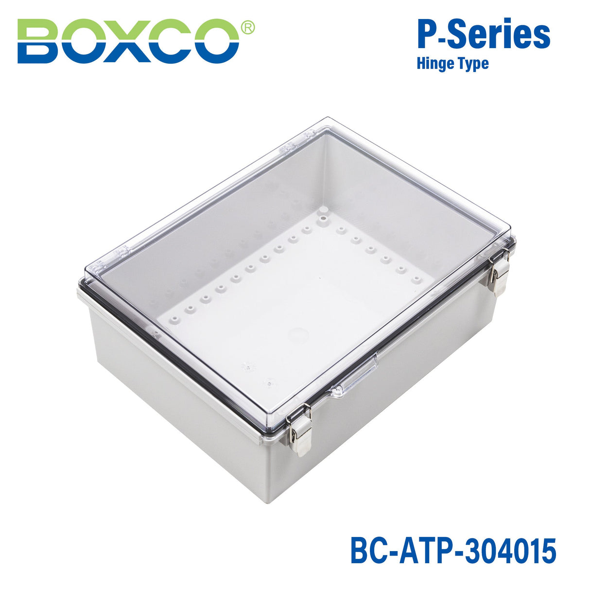 Boxco P - Series 11.81 x 15.75 x 5.91 Inches(300 x 400 x 150mm) Plastic Enclosure, IP67, IK08, ABS, Transparent Cover, Molded Hinge and Latch Type - BC-ATP-304015 - powersupplymall.com