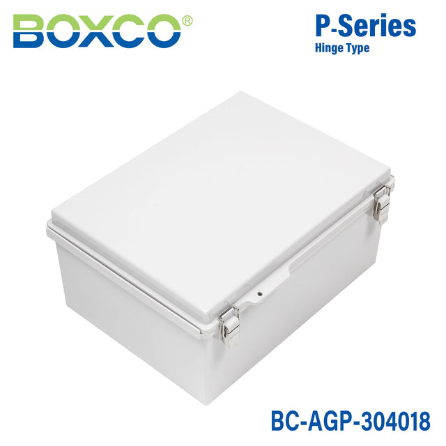 Boxco P - Series 11.81 x 15.75 x 7.09 Inches(300 x 400 x 180mm) Plastic Enclosure, IP67, IK08, ABS, Grey Cover, Molded Hinge and Latch Type - BC-AGP-304018 - powersupplymall.com