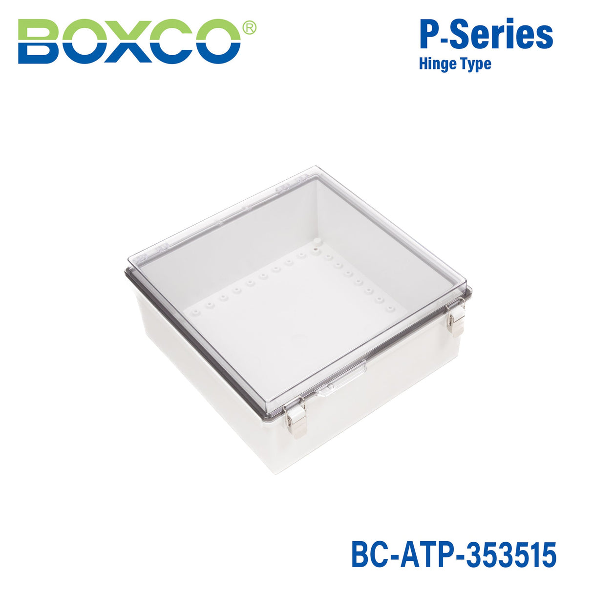 Boxco P - Series 13.78 x 13.78 x 5.91 Inches(350 x 350 x 150mm) Plastic Enclosure, IP67, IK08, ABS, Transparent Cover, Molded Hinge and Latch Type - BC-ATP-353515 - powersupplymall.com