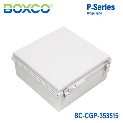 Boxco P-Series 13.78 x 13.78 x 5.91 Inches(350 x 350 x 150mm) Plastic Enclosure, IP67, IK08, PC, Grey Cover, Molded Hinge and Latch Type