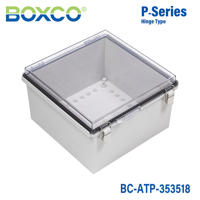 Boxco P - Series 13.78 x 13.78 x 7.09 Inches(350 x 350 x 180mm) Plastic Enclosure, IP67, IK08, ABS, Transparent Cover, Molded Hinge and Latch Type - BC-ATP-353518 - powersupplymall.com