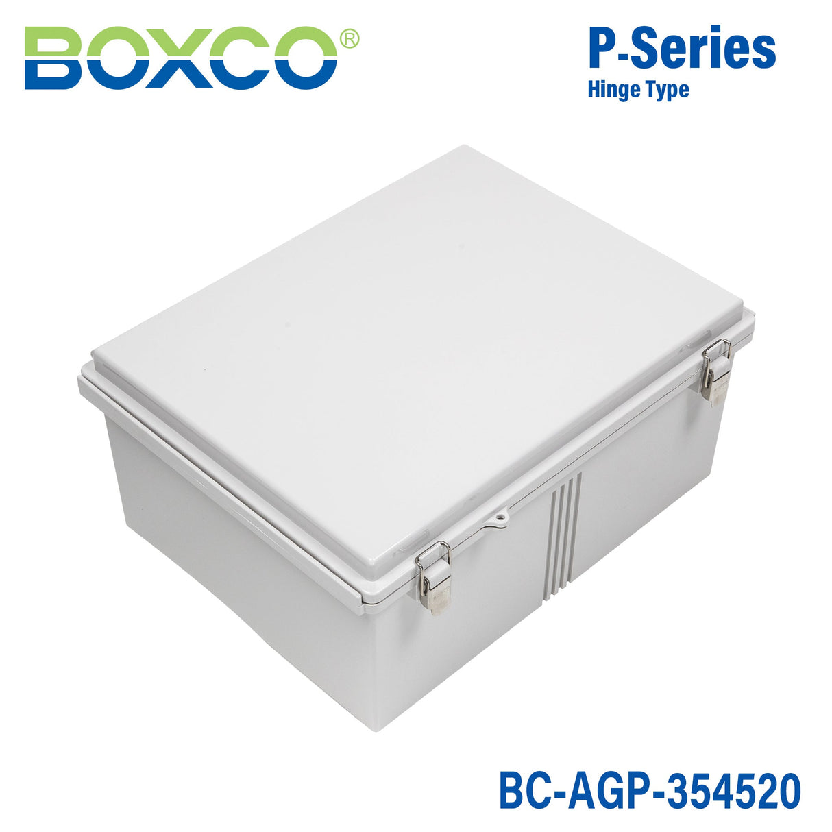 Boxco P - Series 13.78 x 17.72 x 7.87 Inches(350 x 450 x 200mm) Plastic Enclosure, IP67, IK08, ABS, Grey Cover, Molded Hinge and Latch Type - BC-AGP-354520 - powersupplymall.com
