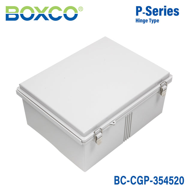 Boxco P - Series 13.78 x 17.72 x 7.87 Inches(350 x 450 x 200mm) Plastic Enclosure, IP67, IK08, PC, Grey Cover, Molded Hinge and Latch Type - BC-CGP-354520 - powersupplymall.com