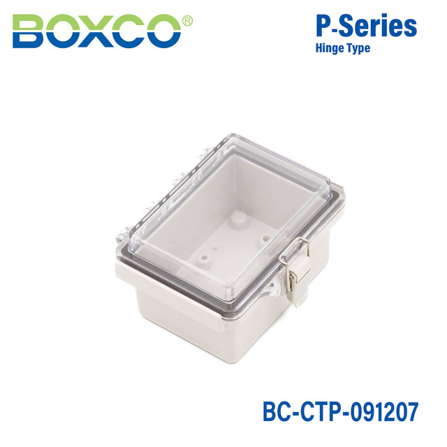 Boxco P - Series 3.54 x 4.72 x 2.76 Inches(90 x 120 x 70mm) Plastic Enclosure, IP67, IK08, PC, Transparent Cover, Molded Hinge and Latch Type - BC - CTP - 091207 - powersupplymall.com