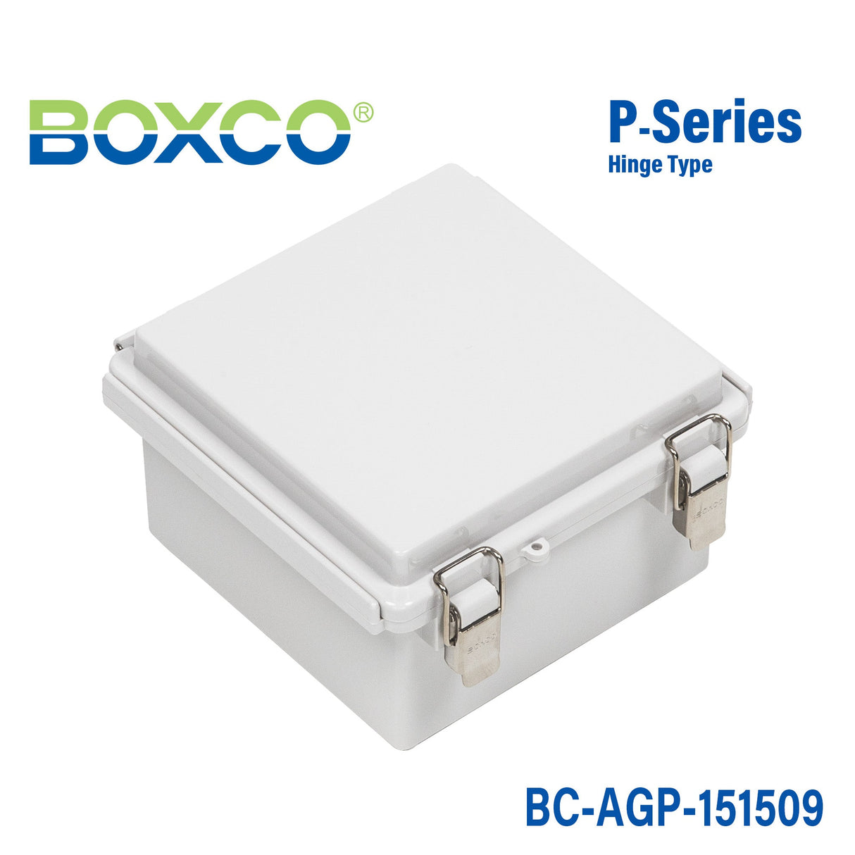 Boxco P - Series 5.91 x 5.91 x 3.54 Inches(150 x 150 x 90mm) Plastic Enclosure, IP67, IK08, ABS, Grey Cover, Molded Hinge and Latch Type - BC-AGP-151509 - powersupplymall.com