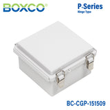 Boxco P - Series 5.91 x 5.91 x 3.54 Inches(150 x 150 x 90mm) Plastic Enclosure, IP67, IK08, PC, Grey Cover, Molded Hinge and Latch Type - BC-CGP-151509 - powersupplymall.com