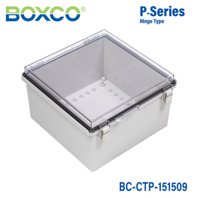 Boxco P-Series 5.91 x 5.91 x 3.54 Inches(150 x 150 x 90mm) Plastic Enclosure, IP67, IK08, PC, Transparent Cover, Molded Hinge and Latch Type