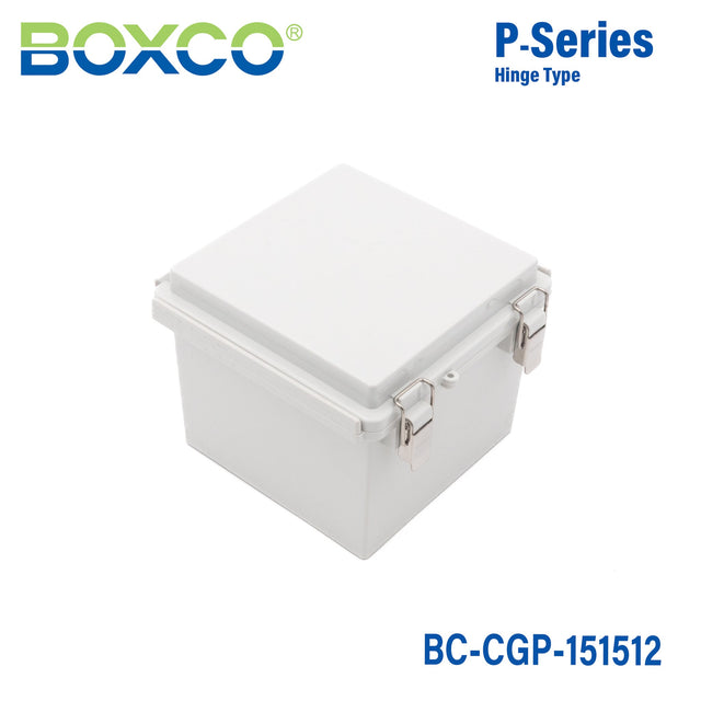 Boxco P - Series 5.91 x 5.91 x 4.72 Inches(150 x 150 x 120mm) Plastic Enclosure, IP67, IK08, PC, Grey Cover, Molded Hinge and Latch Type - BC-CGP-151512 - powersupplymall.com