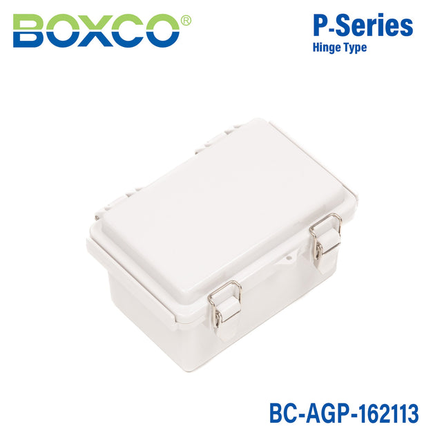 Boxco P - Series 6.30 x 8.27 x 5.12 Inches(160 x 210 x 130mm) Plastic Enclosure, IP67, IK08, ABS, Grey Cover, Molded Hinge and Latch Type - BC-AGP-162113 - powersupplymall.com