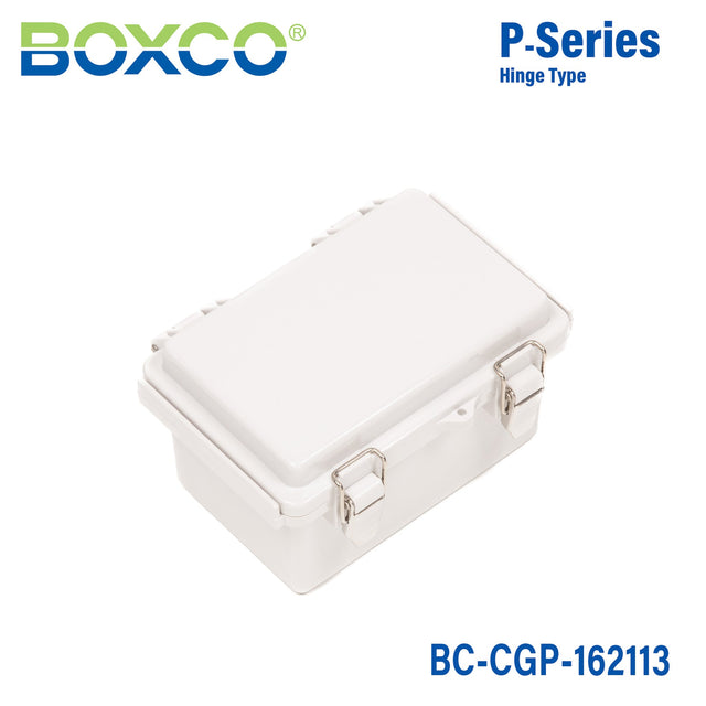 Boxco P - Series 6.30 x 8.27 x 5.12 Inches(160 x 210 x 130mm) Plastic Enclosure, IP67, IK08, PC, Grey Cover, Molded Hinge and Latch Type - BC-CGP-162113 - powersupplymall.com