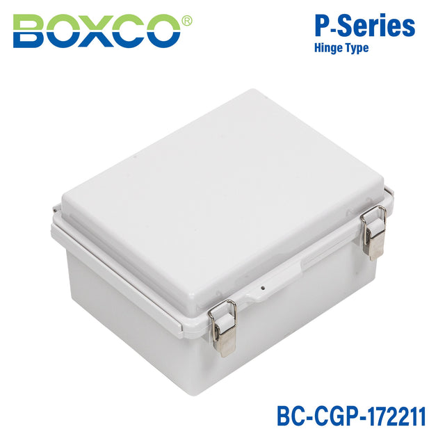 Boxco P - Series 6.69 x 8.66 x 4.33 Inches(170 x 220 x 110mm) Plastic Enclosure, IP67, IK08, PC, Grey Cover, Molded Hinge and Latch Type - BC-CGP-172211 - powersupplymall.com