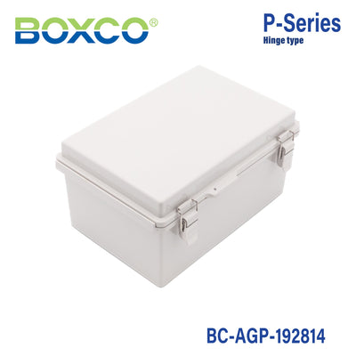Boxco P-Series 7.48 x 11.02 x 5.51 Inches(190 x 280 x 140mm) Plastic Enclosure, IP67, IK08, ABS, Grey Cover, Molded Hinge and Latch Type