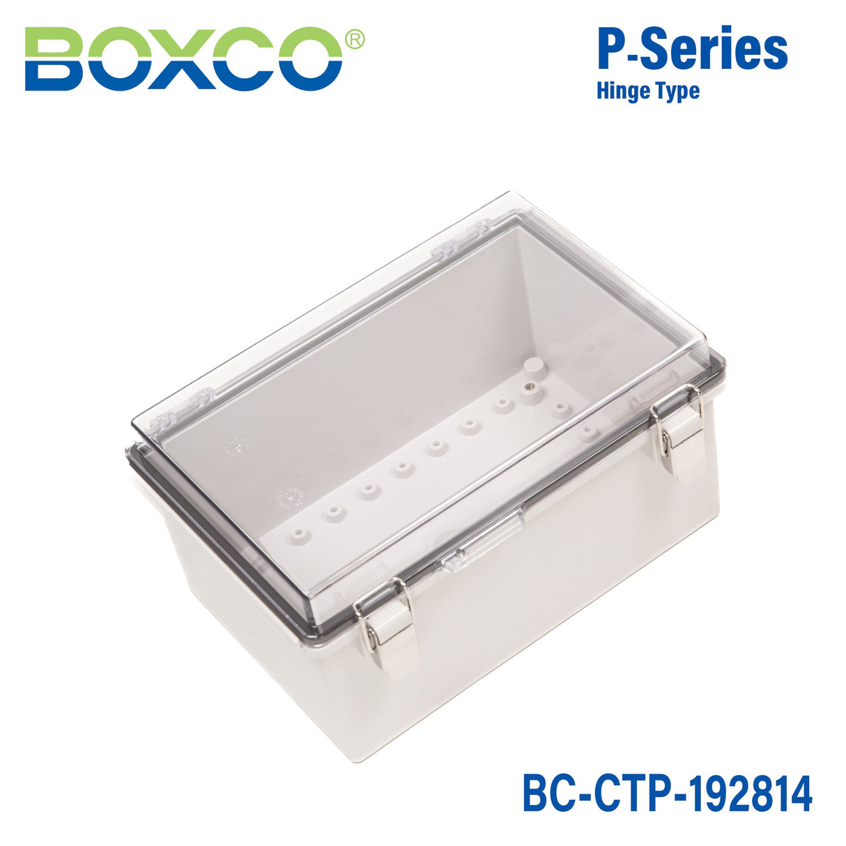 Boxco P - Series 7.48 x 11.02 x 5.51 Inches(190 x 280 x 140mm) Plastic Enclosure, IP67, IK08, PC, Transparent Cover, Molded Hinge and Latch Type - BC-CTP-192814 - powersupplymall.com