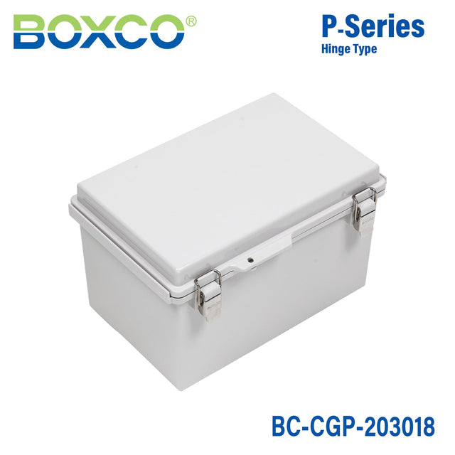 Boxco P - Series 7.87 x 11.81 x 7.09 Inches(200 x 300 x 180mm) Plastic Enclosure, IP67, IK08, PC, Grey Cover, Molded Hinge and Latch Type - BC-CGP-203018 - powersupplymall.com