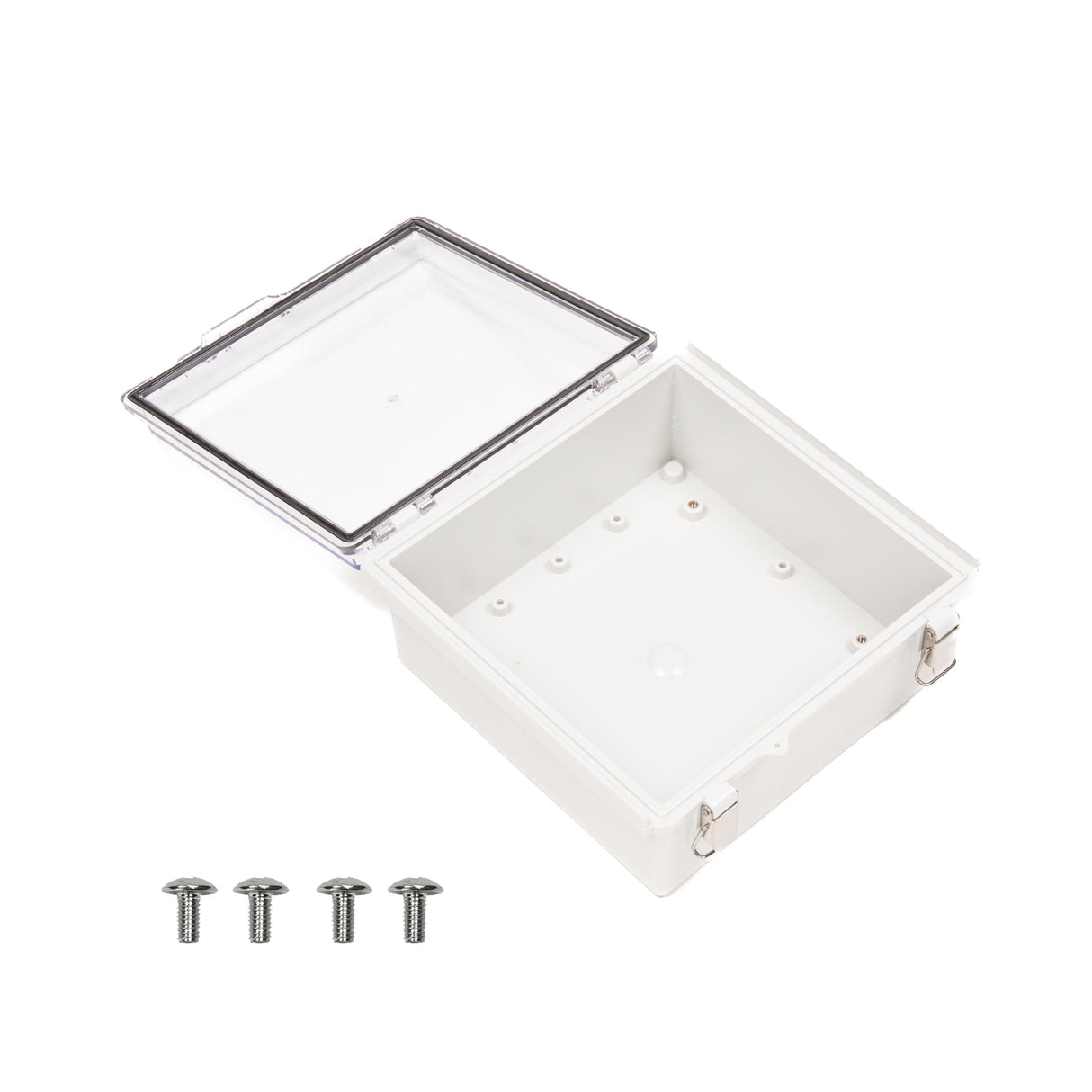 Boxco P - Series 8.27 x 8.27 x 3.94 Inches(210 x 210 x 100mm) Plastic Enclosure, IP67, IK08, PC, Transparent Cover, Molded Hinge and Latch Type - BC - CTP - 212110 - powersupplymall.com