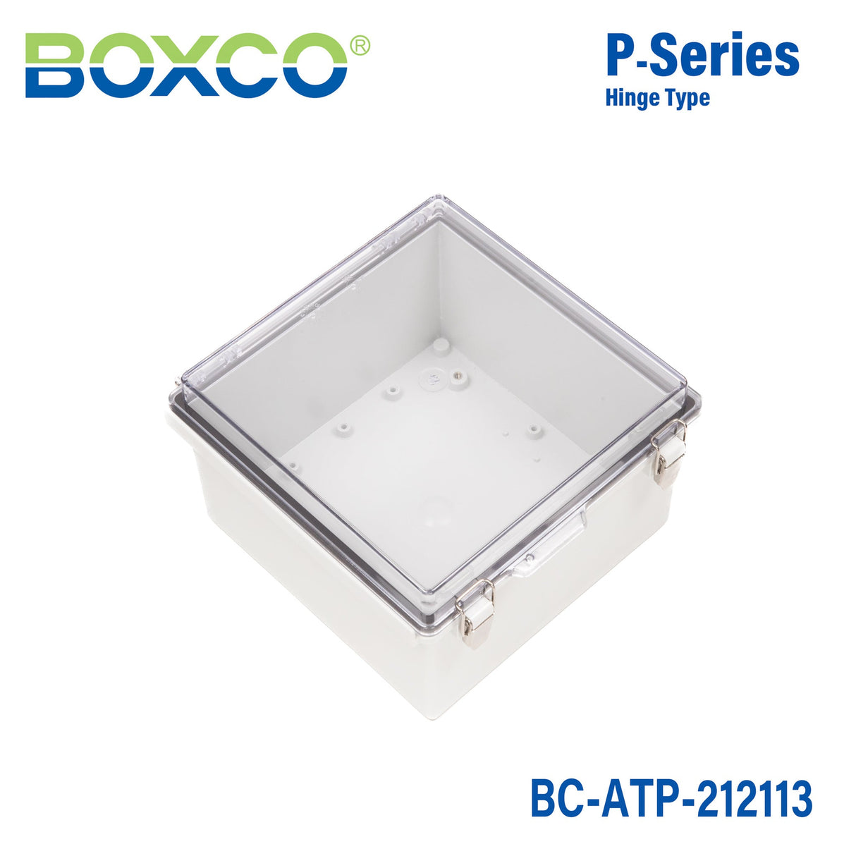 Boxco P - Series 8.27 x 8.27 x 5.12 Inches(210 x 210 x 130mm) Plastic Enclosure, IP67, IK08, ABS, Transparent Cover, Molded Hinge and Latch Type - BC-ATP-212113 - powersupplymall.com
