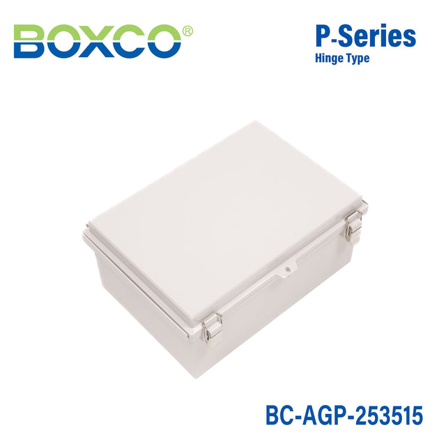 Boxco P - Series 9.84 x 13.78 x 5.91 Inches(250 x 350 x 150mm) Plastic Enclosure, IP67, IK08, ABS, Grey Cover, Molded Hinge and Latch Type - BC-AGP-253515 - powersupplymall.com