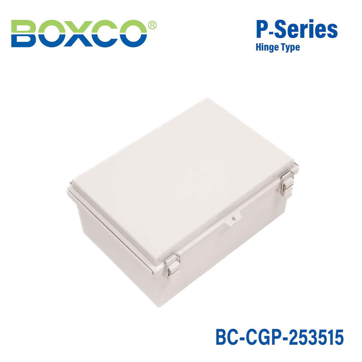 Boxco P - Series 9.84 x 13.78 x 5.91 Inches(250 x 350 x 150mm) Plastic Enclosure, IP67, IK08, PC, Grey Cover, Molded Hinge and Latch Type - BC-CGP-253515 - powersupplymall.com