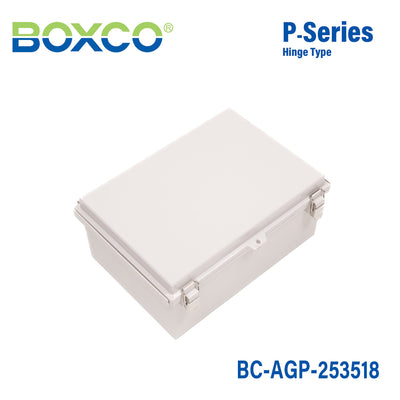 Boxco P-Series 9.84 x 13.78 x 7.09 Inches(250 x 350 x 180mm) Plastic Enclosure, IP67, IK08, ABS, Grey Cover, Molded Hinge and Latch Type