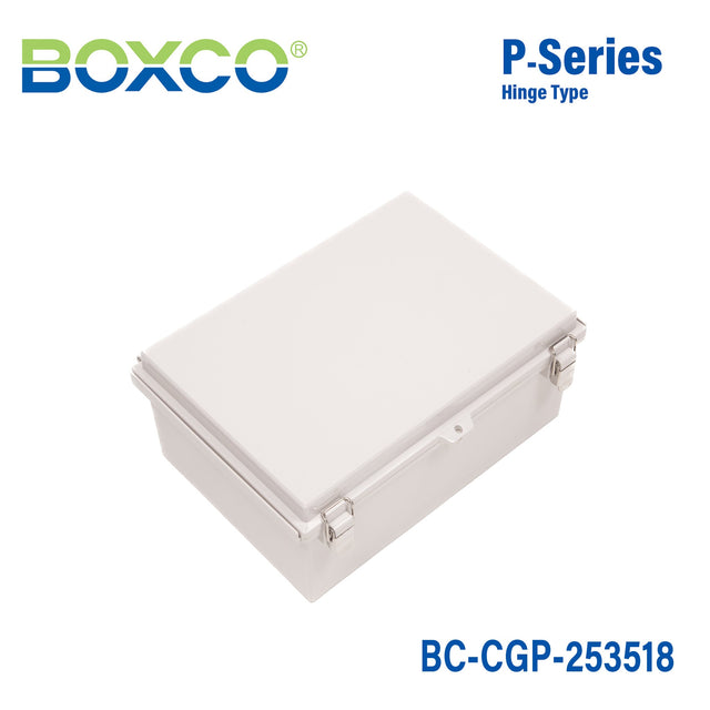 Boxco P - Series 9.84 x 13.78 x 7.09 Inches(250 x 350 x 180mm) Plastic Enclosure, IP67, IK08, PC, Grey Cover, Molded Hinge and Latch Type - BC-CGP-253518 - powersupplymall.com