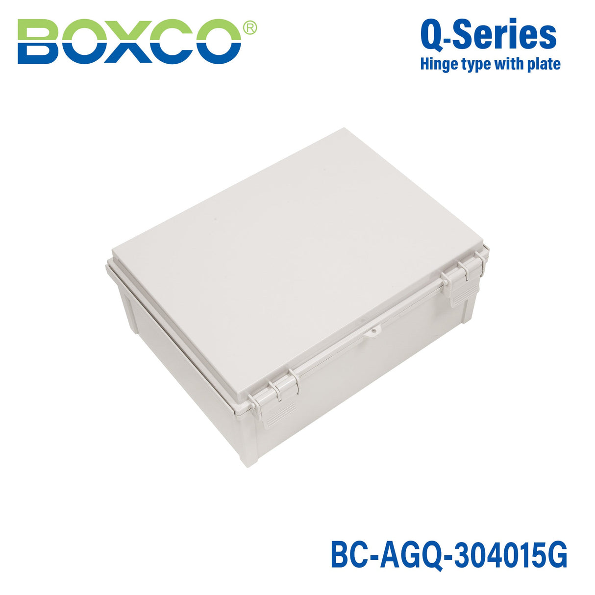 Boxco Q - Series 11.81 x 15.75 x 5.91 Inches(300 x 400 x 150mm) Plastic Enclosure, IP67, IK08, ABS, Grey Cover, Hinge Type with Plate - BC-AGQ-304015G - powersupplymall.com