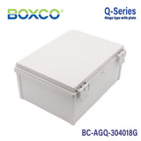 Boxco Q - Series 11.81 x 15.75 x 7.09 Inches(300 x 400 x 180mm) Plastic Enclosure, IP67, IK08, ABS, Grey Cover, Hinge Type with Plate - BC-AGQ-304018G - powersupplymall.com