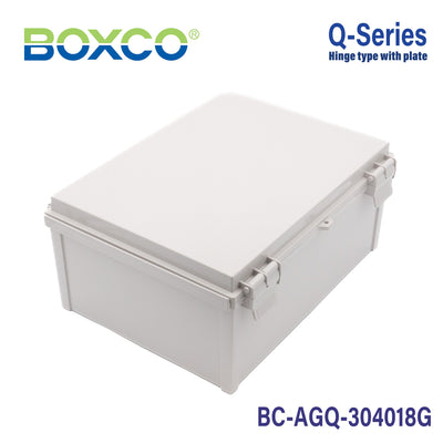 Boxco Q-Series 11.81 x 15.75 x 7.09 Inches(300 x 400 x 180mm) Plastic Enclosure, IP67, IK08, ABS, Grey Cover, Hinge Type with Plate