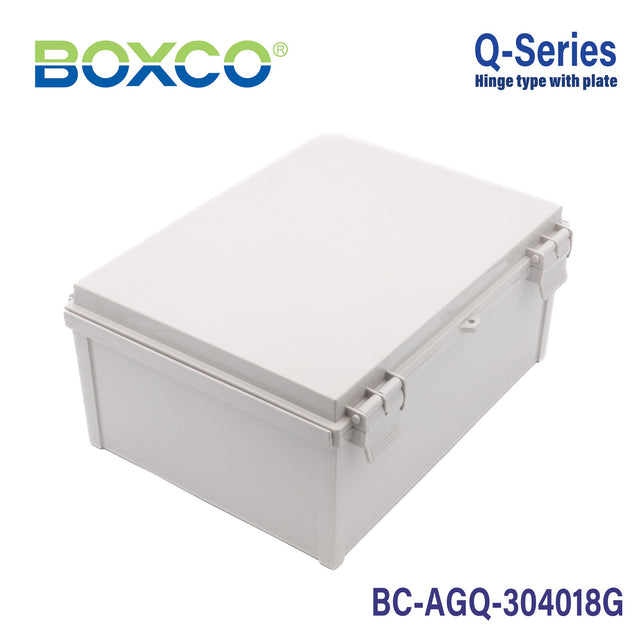 Boxco Q - Series 11.81 x 15.75 x 7.09 Inches(300 x 400 x 180mm) Plastic Enclosure, IP67, IK08, ABS, Grey Cover, Hinge Type with Plate - BC-AGQ-304018G - powersupplymall.com
