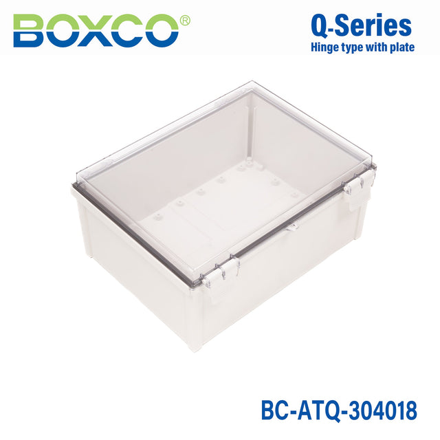 Boxco Q - Series 11.81 x 15.75 x 7.09 Inches(300 x 400 x 180mm) Plastic Enclosure, IP67, IK08, ABS, Transparent Cover, Plastic Hinge and Latch Type - BC-ATQ-304018 - powersupplymall.com