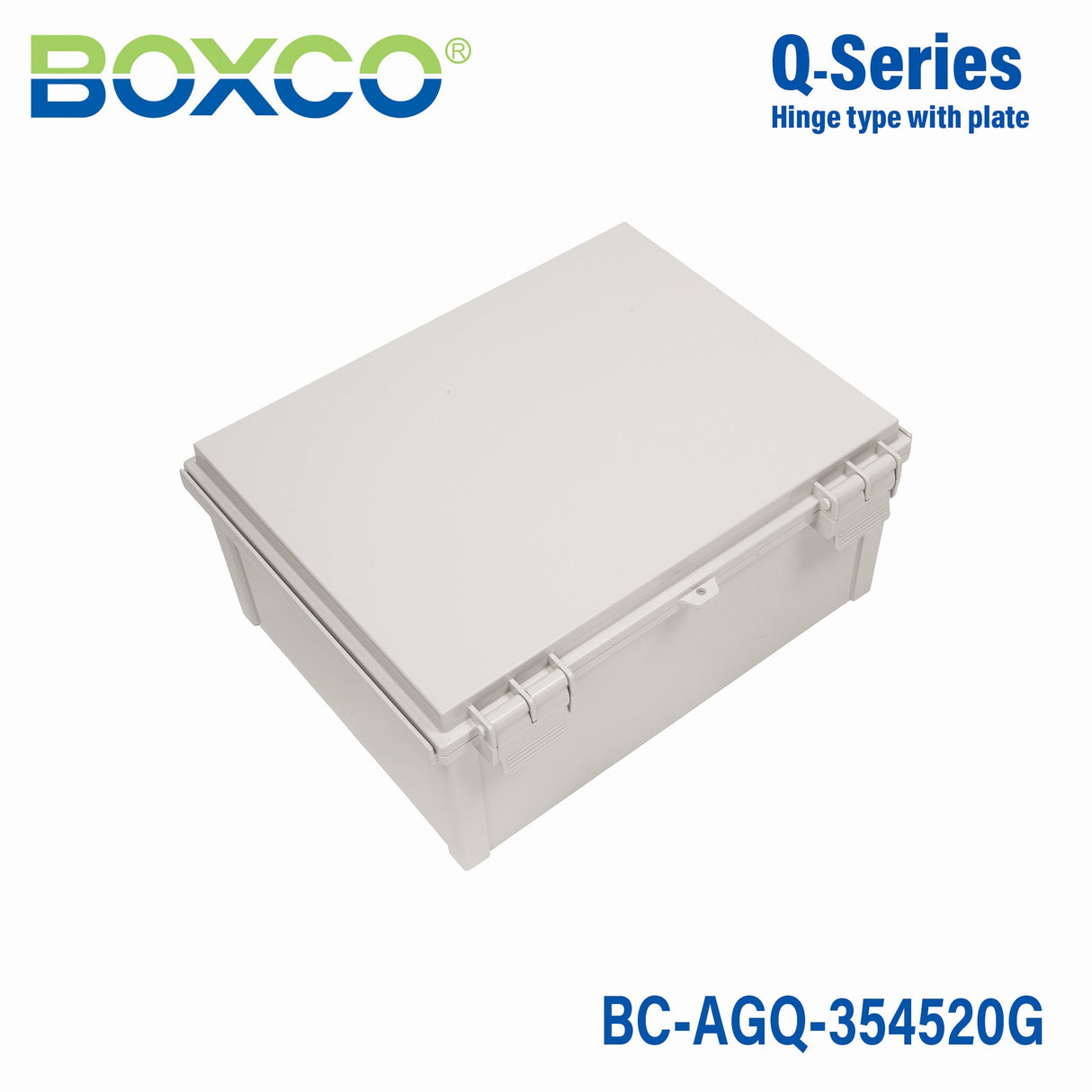 Boxco Q-Series 13.78 x 17.72 x 7.87 Inches(350 x 450 x 200mm) Plastic Enclosure, IP67, IK08, ABS, Grey Cover, Hinge Type with Plate - BC-AGQ-354520G - powersupplymall.com