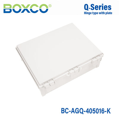 Boxco Q-Series 15.75 x 17.71 x 6.30 Inches(400 x 450 x 160mm) Plastic Enclosure, IP67, IK08, ABS, Grey Cover, Hinge Type with Plate