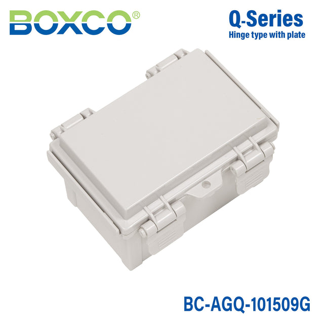 Boxco Q - Series 3.94 x 5.91 x 3.54 Inches(100 x 150 x 90mm) Plastic Enclosure, IP67, IK08, ABS, Grey Cover, Hinge Type with Plate - BC-AGQ-101509G - powersupplymall.com