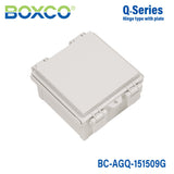Boxco Q - series 5.91 x 5.91 x 3.54 Inches(150 x 150 x 90mm) Plastic Enclosure, IP67, IK08, ABS, Grey Cover, Hinge Type with Plate - BC-AGQ-151509G - powersupplymall.com