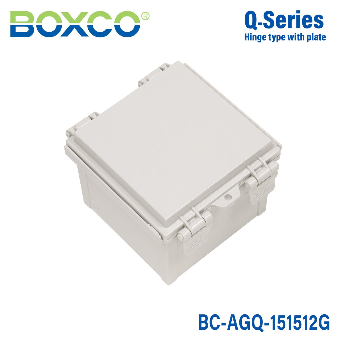 Boxco Q - Series 5.91 x 5.91 x 4.72 Inches(150 x 150 x 120mm) Plastic Enclosure, IP67, IK08, ABS, Grey Cover, Hinge Type with Plate - BC-AGQ-151512G - powersupplymall.com