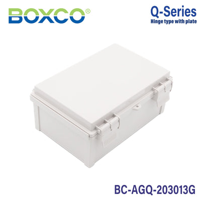 Boxco Q-Series 7.87 x 11.81 x 5.12 Inches(200 x 300 x 130mm) Plastic Enclosure, IP67, IK08, ABS, Grey Cover, Hinge Type with Plate