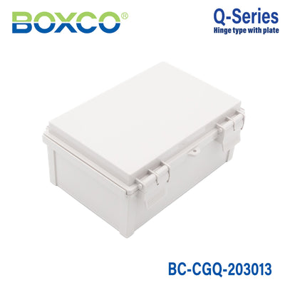 Boxco Q-Series 7.87 x 11.81 x 5.12 Inches(200 x 300 x 130mm) Plastic Enclosure, IP67, IK08, PC, Grey Cover, Plastic Hinge and Latch Type