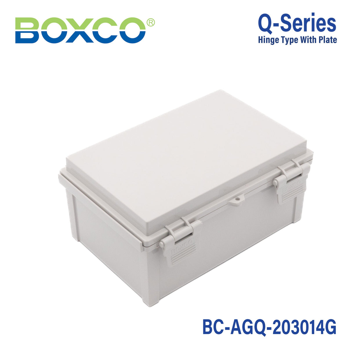 Boxco Q - Series 7.87 x 11.81 x 5.51 Inches(200 x 300 x 140mm) Plastic Enclosure, IP67, IK08, ABS, Grey Cover, Hinge Type with Plate - BC-AGQ-203014G - powersupplymall.com