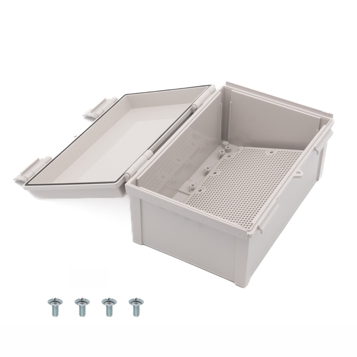 Boxco Q - Series 7.87 x 11.81 x 5.51 Inches(200 x 300 x 140mm) Plastic Enclosure, IP67, IK08, ABS, Grey Cover, Hinge Type with Plate - BC-AGQ-203014G - powersupplymall.com