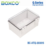 Boxco Q - Series 7.87 x 11.81 x 5.91 Inches(200 x 300 x 150mm) Plastic Enclosure, IP67, IK08, ABS, Transparent Cover, Plastic Hinge and Latch Type - BC-ATQ-203015 - powersupplymall.com