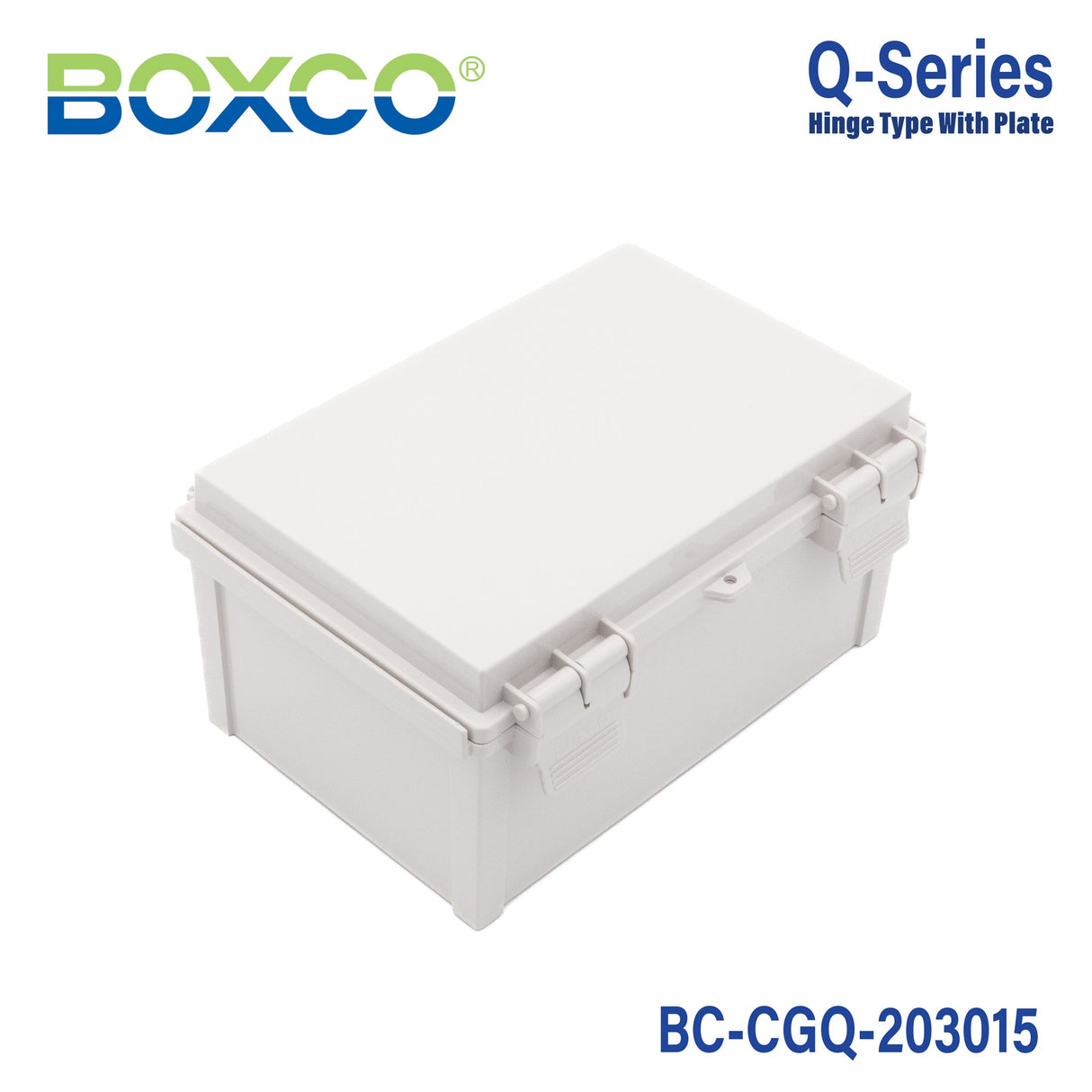 Boxco Q - Series 7.87 x 11.81 x 5.91 Inches(200 x 300 x 150mm) Plastic Enclosure, IP67, IK08, PC, Grey Cover, Plastic Hinge and Latch Type - BC-CGQ-203015 - powersupplymall.com