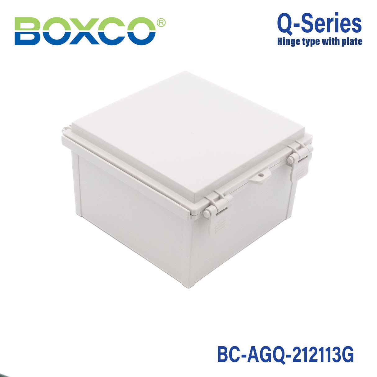 Boxco Q - Series 8.27 x 8.27 x 5.12 Inches(210 x 210 x 130mm) Plastic Enclosure, IP67, IK08, ABS, Grey Cover, Hinge Type with Plate - BC-AGQ-212113G - powersupplymall.com