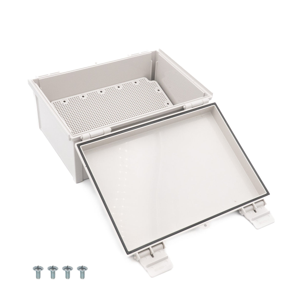 Boxco Q - Series 9.84 x 9.84 x 6.30 Inches(250 x 250 x 160mm) Plastic Enclosure, IP67, IK08, ABS, Grey Cover, Hinge Type with Plate - BC-AGQ-253516G - powersupplymall.com