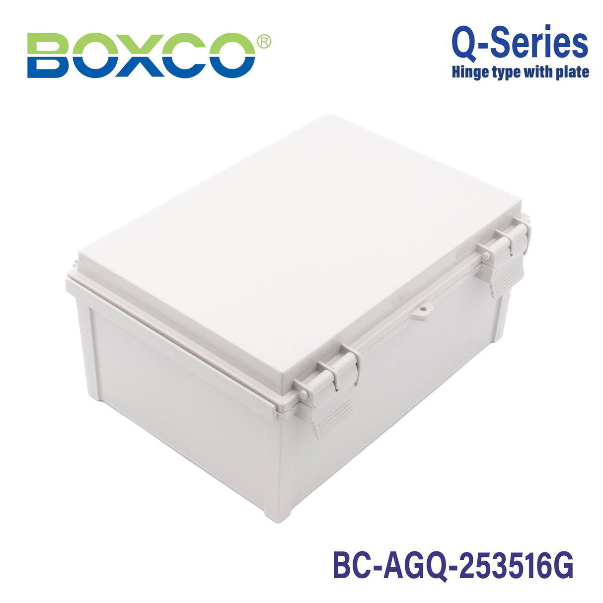 Boxco Q - Series 9.84 x 9.84 x 6.30 Inches(250 x 250 x 160mm) Plastic Enclosure, IP67, IK08, ABS, Grey Cover, Hinge Type with Plate - BC-AGQ-253516G - powersupplymall.com